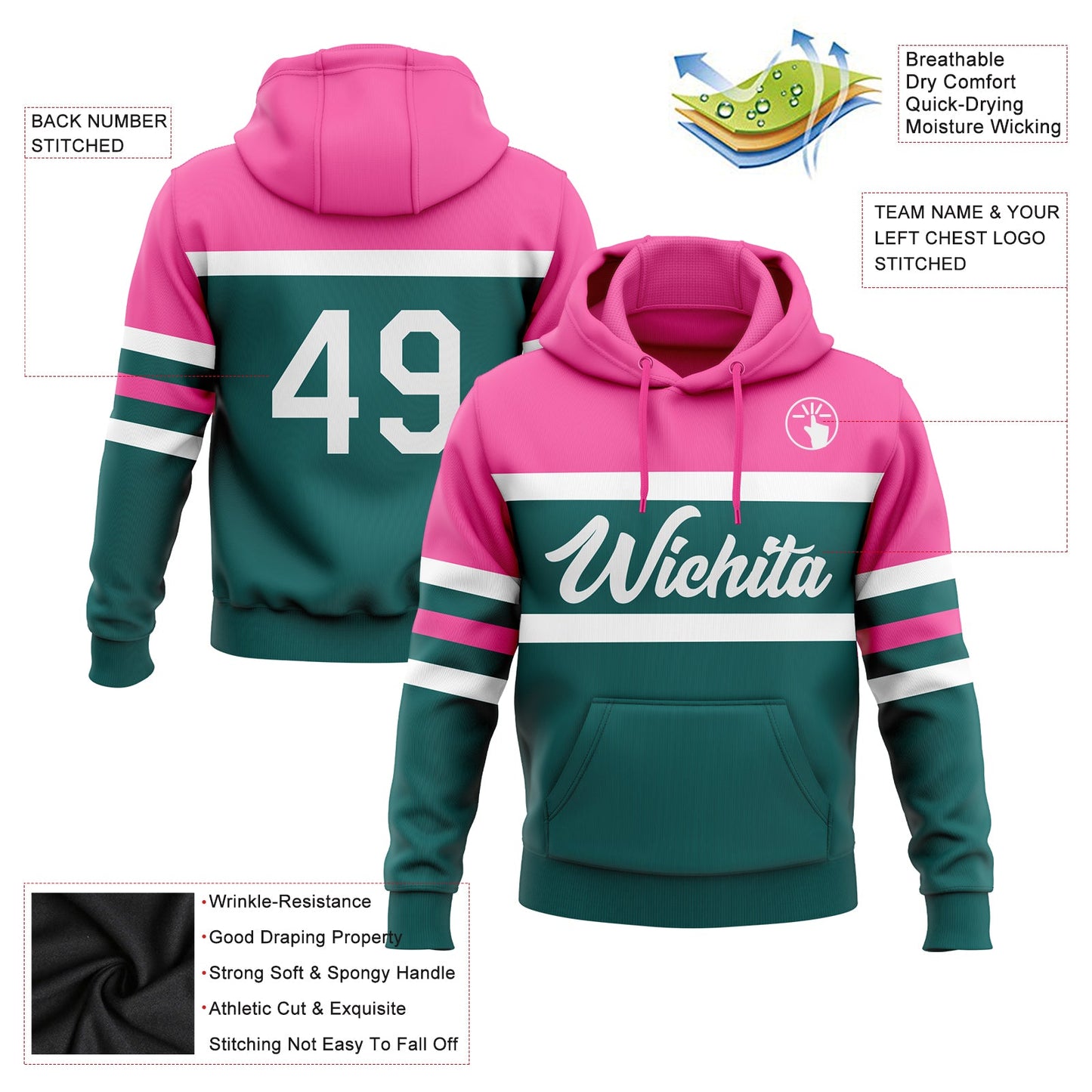Custom Stitched Teal White-Pink Line Sports Pullover Sweatshirt Hoodie view 2
