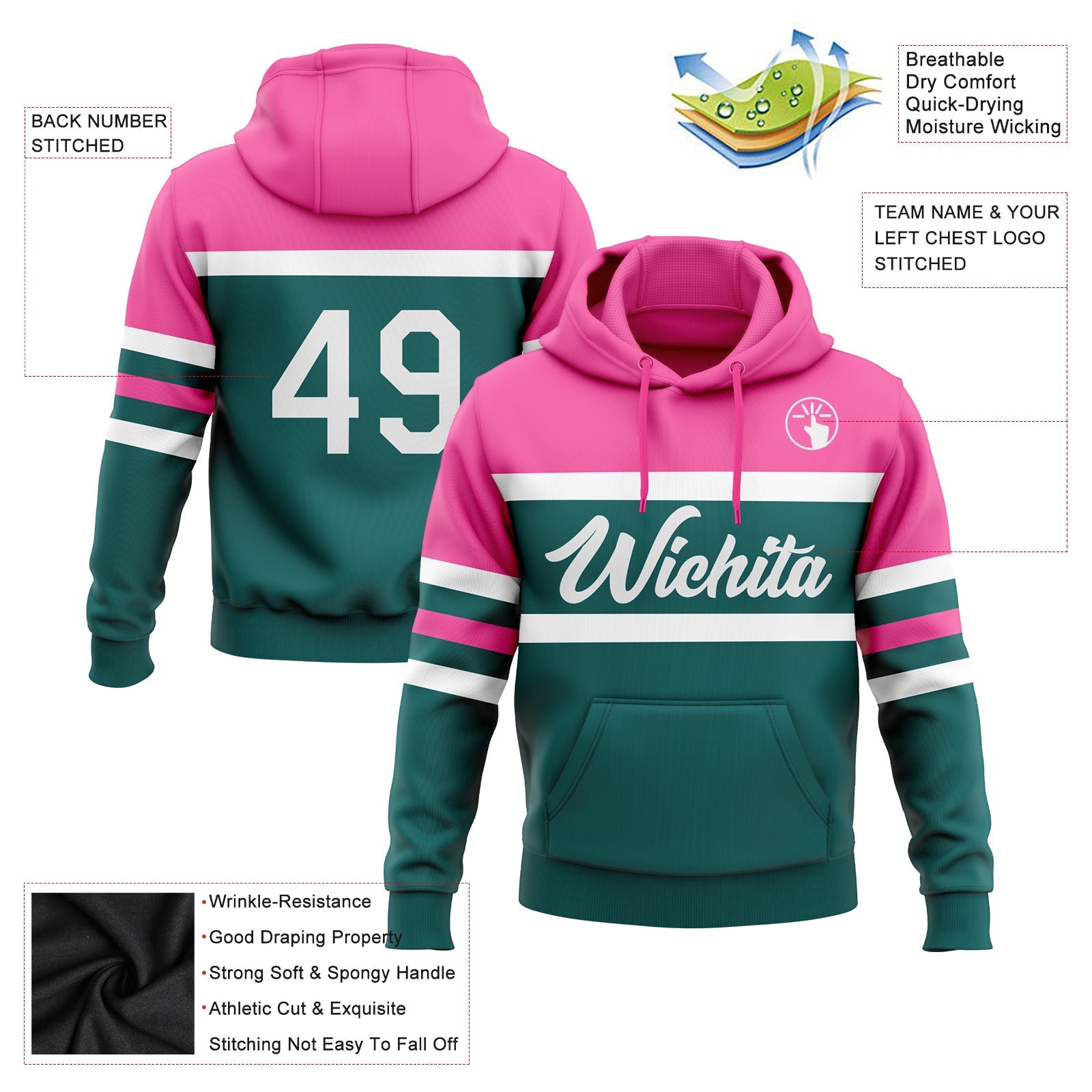 Custom Stitched Teal White-Pink Line Sports Pullover Sweatshirt Hoodie view 2