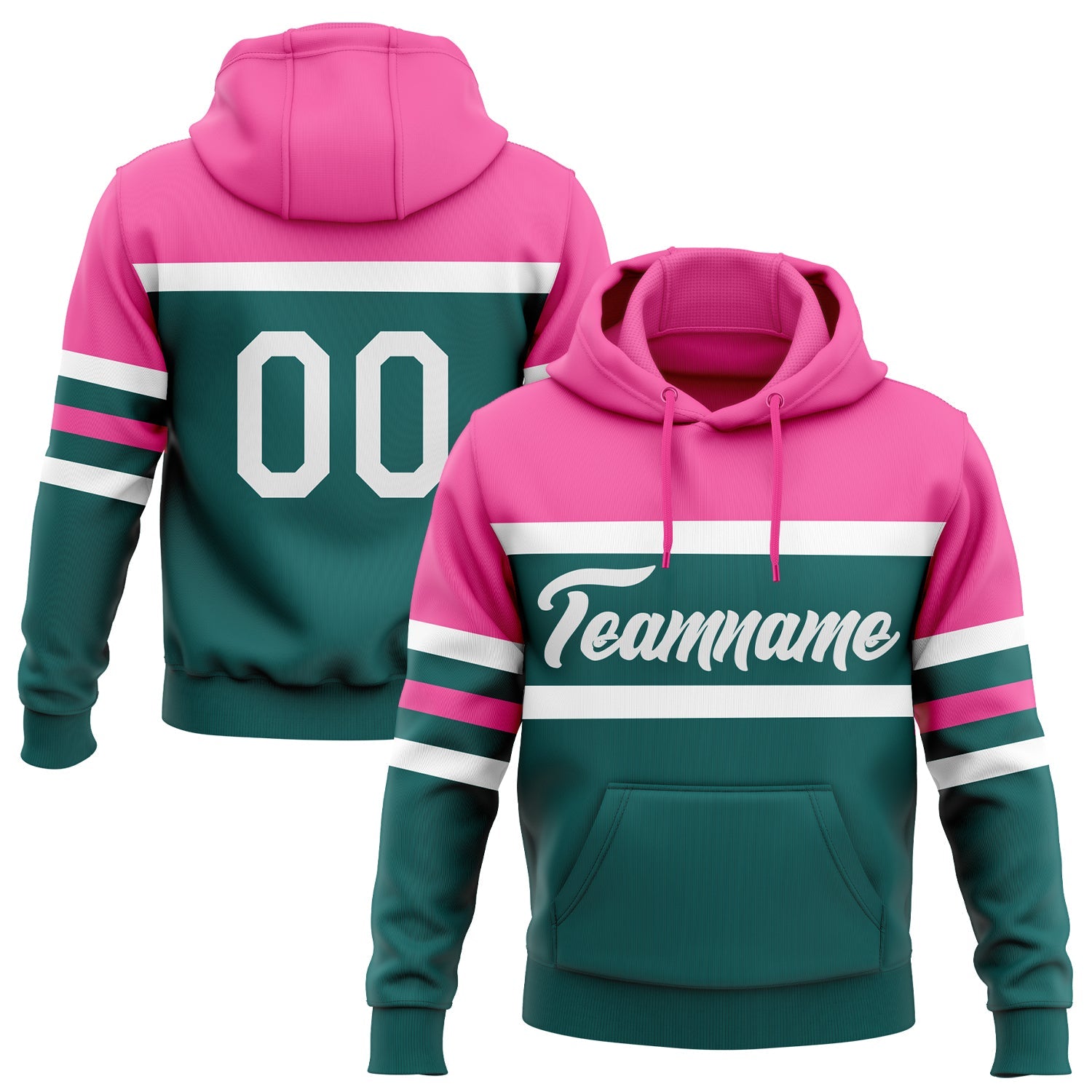 Custom Stitched Teal White-Pink Line Sports Pullover Sweatshirt Hoodie - Main View