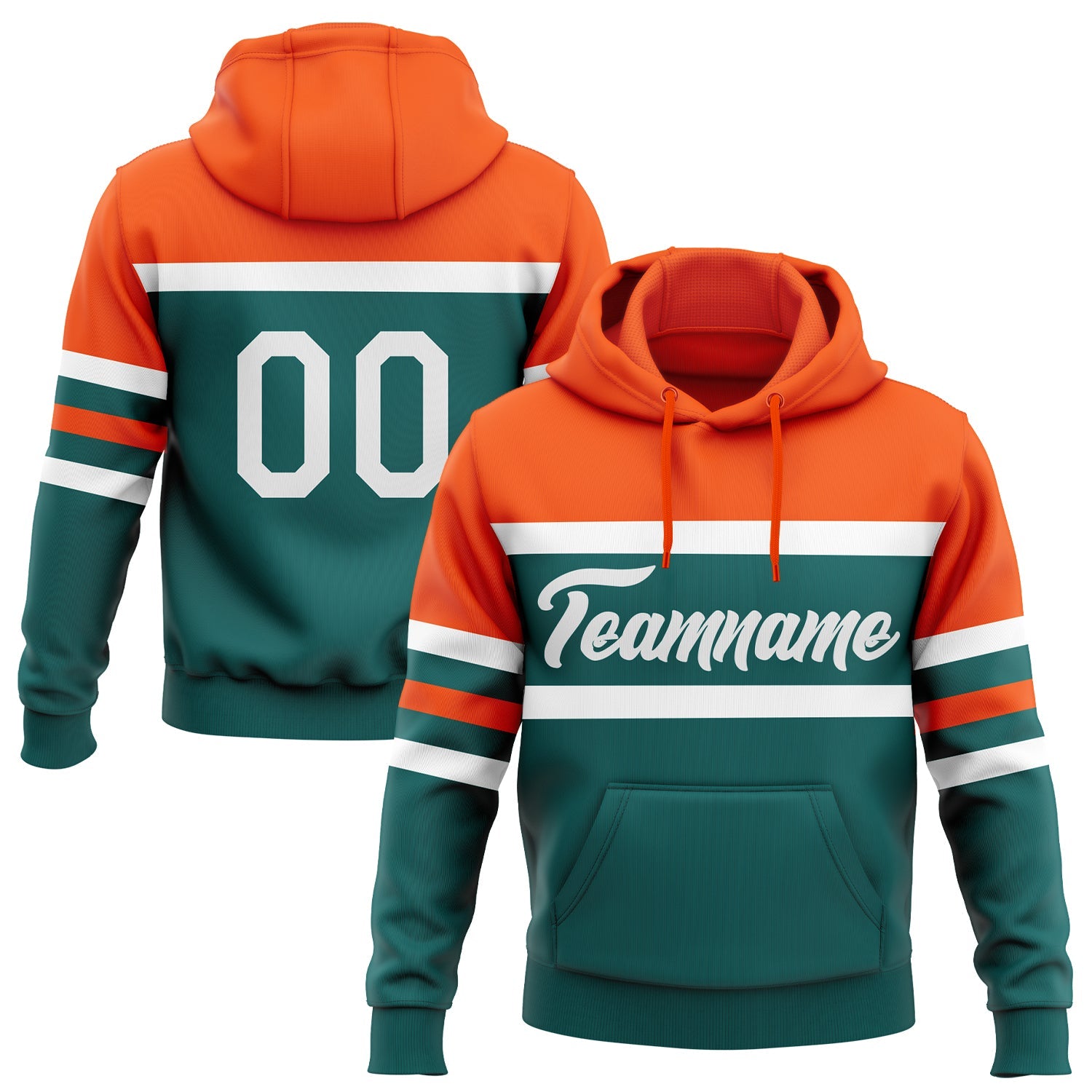 Custom Stitched Teal White-Orange Line Sports Pullover Sweatshirt Hoodie - Main View