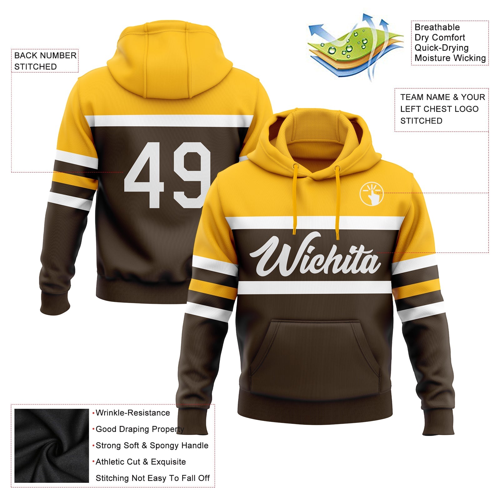 Custom Stitched Brown White-Gold Line Sports Pullover Sweatshirt Hoodie view 2