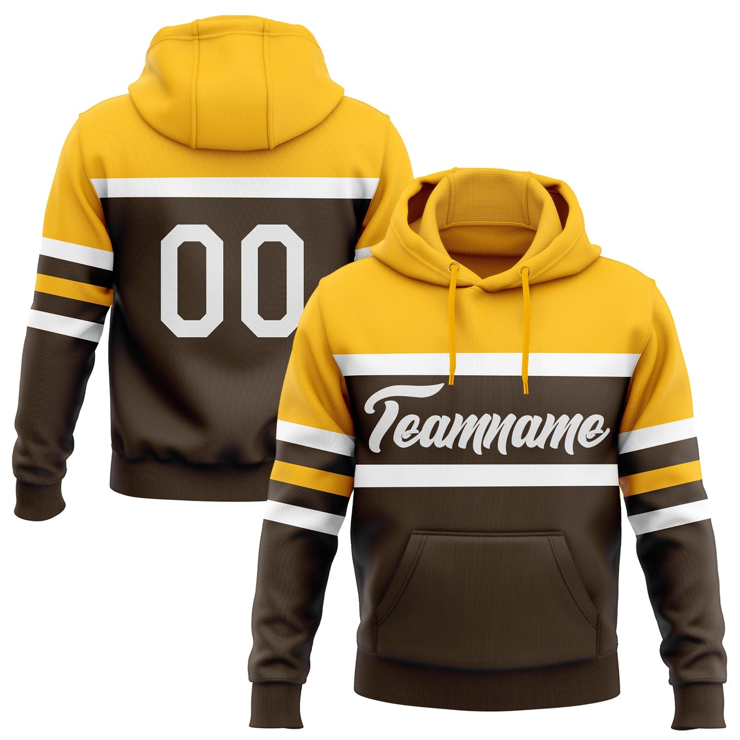 Custom Stitched Brown White-Gold Line Sports Pullover Sweatshirt Hoodie - Main View