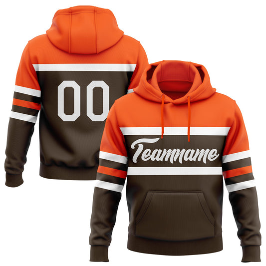Custom Stitched Brown White-Orange Line Sports Pullover Sweatshirt Hoodie - Main View