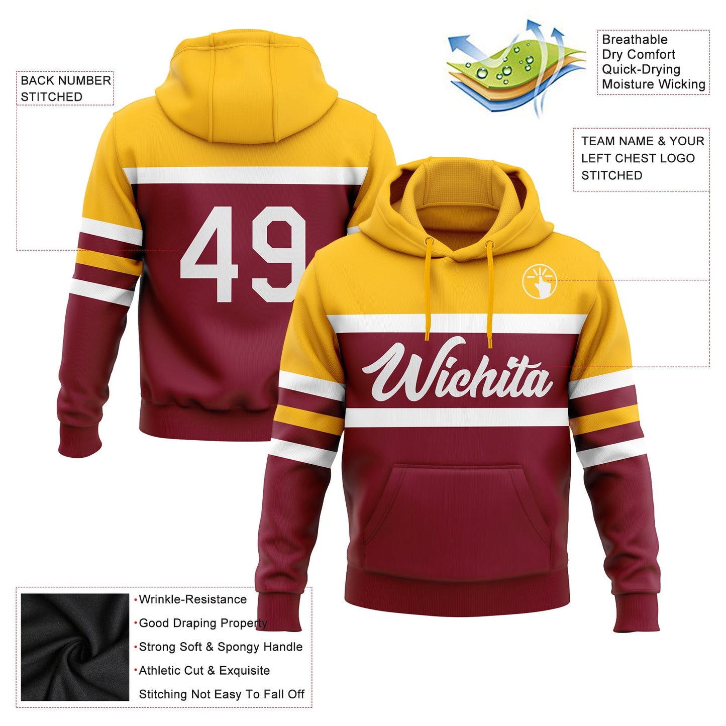 Custom Stitched Crimson White-Gold Line Sports Pullover Sweatshirt Hoodie view 2