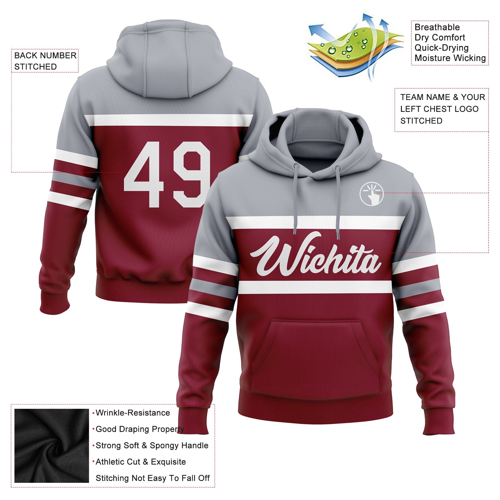 Custom Stitched Crimson White-Gray Line Sports Pullover Sweatshirt Hoodie view 2