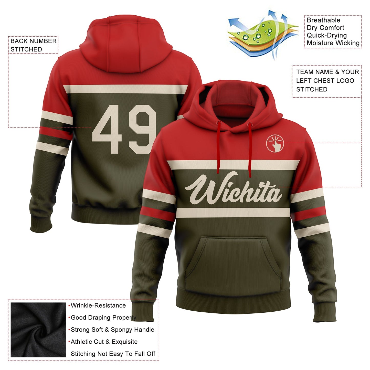Custom Stitched Olive Cream-Red Line Sports Pullover Sweatshirt Salute To Service Hoodie view 2