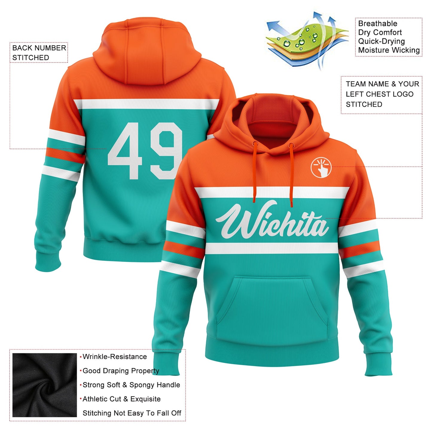 Custom Stitched Aqua White-Orange Line Sports Pullover Sweatshirt Hoodie view 2