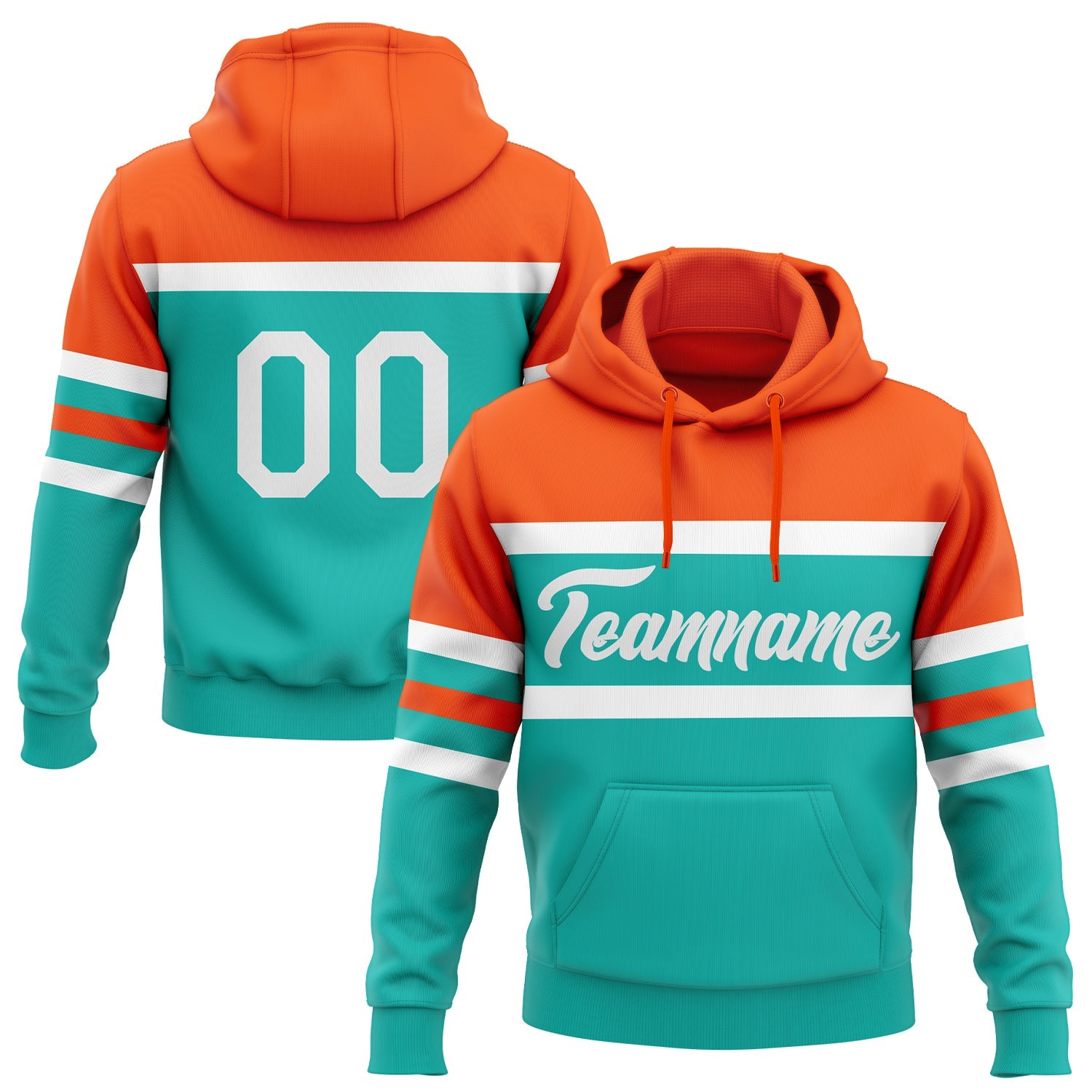 Custom Stitched Aqua White-Orange Line Sports Pullover Sweatshirt Hoodie - Main View