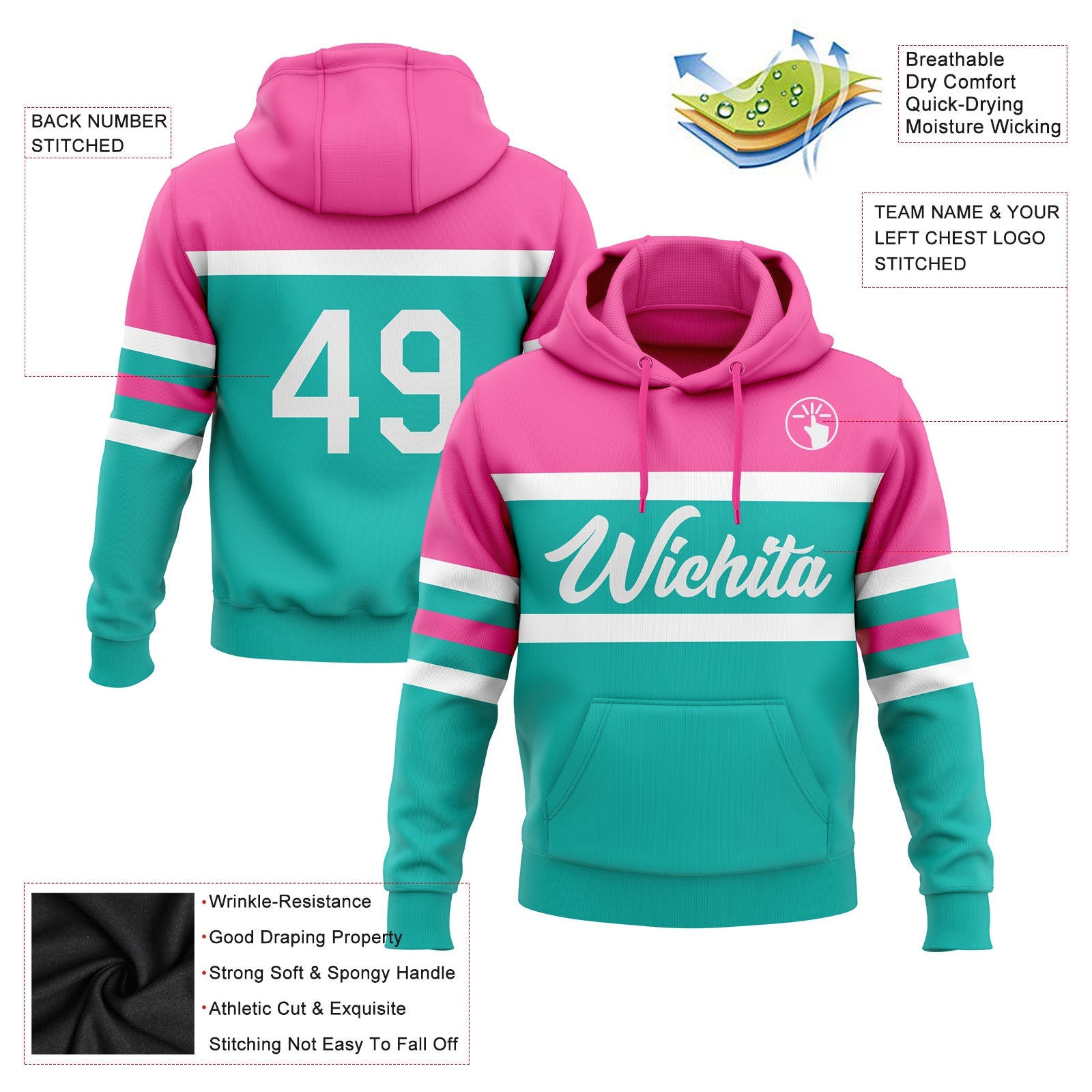 Custom Stitched Aqua White-Pink Line Sports Pullover Sweatshirt Hoodie view 2
