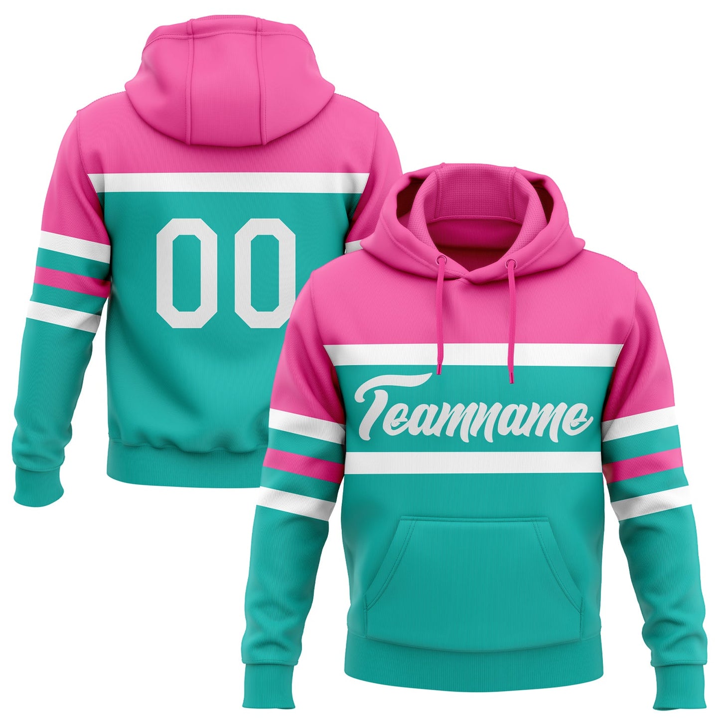 Custom Stitched Aqua White-Pink Line Sports Pullover Sweatshirt Hoodie - Main View