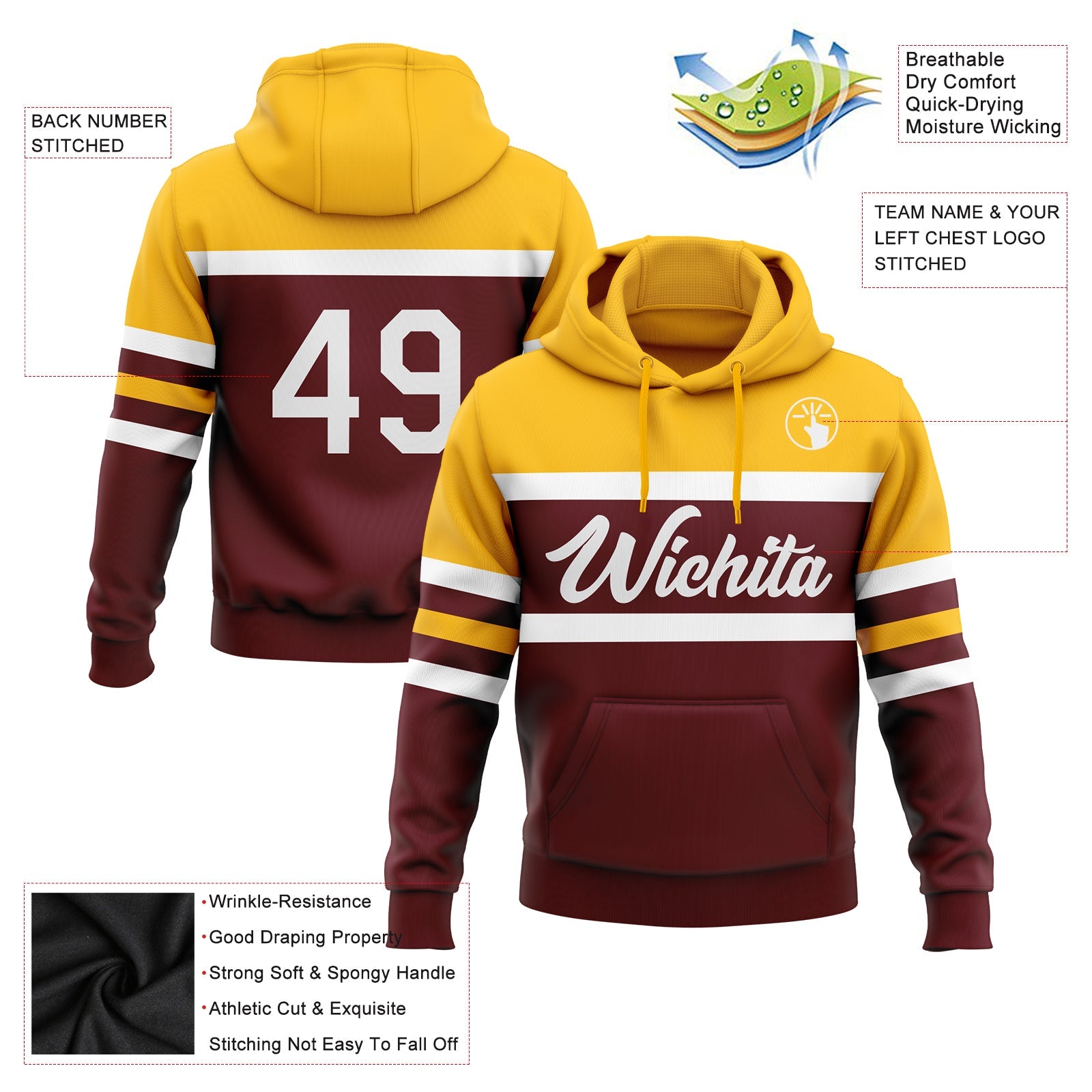 Custom Stitched Burgundy White-Gold Line Sports Pullover Sweatshirt Hoodie view 2