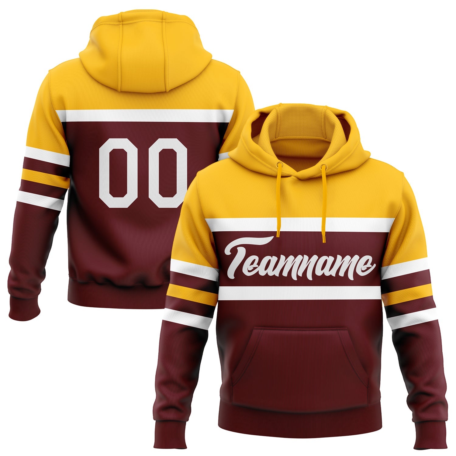 Custom Stitched Burgundy White-Gold Line Sports Pullover Sweatshirt Hoodie - Main View