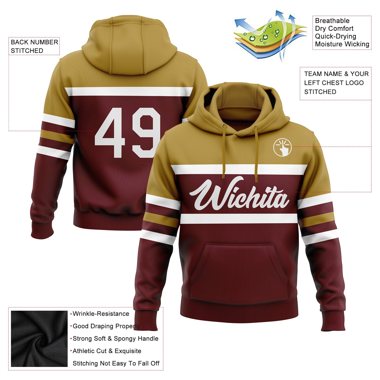 Custom Stitched Burgundy White-Old Gold Line Sports Pullover Sweatshirt Hoodie view 2
