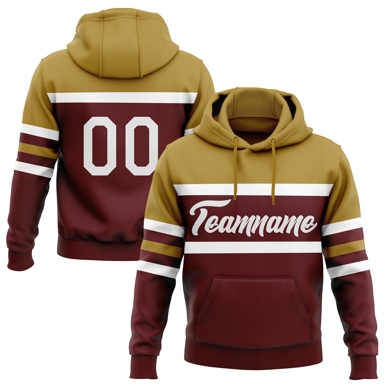 Custom Stitched Burgundy White-Old Gold Line Sports Pullover Sweatshirt Hoodie - Main View