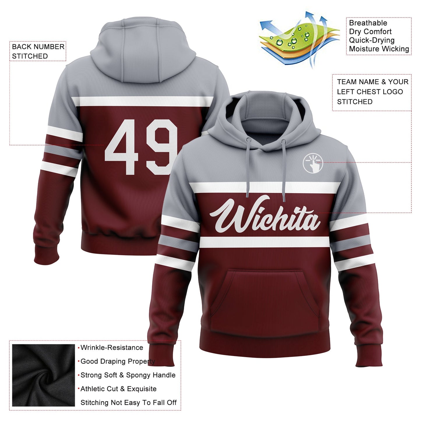 Custom Stitched Burgundy White-Gray Line Sports Pullover Sweatshirt Hoodie view 2