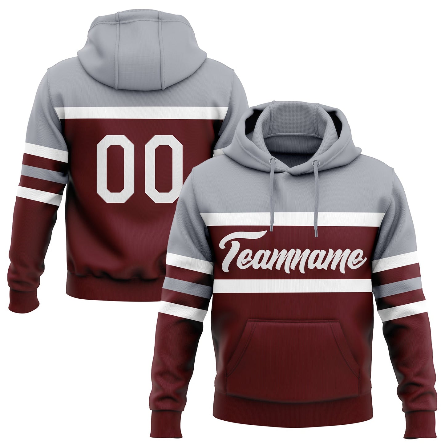 Custom Stitched Burgundy White-Gray Line Sports Pullover Sweatshirt Hoodie - Main View