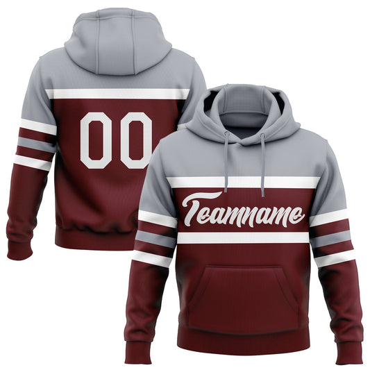 Custom Stitched Burgundy White-Gray Line Sports Pullover Sweatshirt Hoodie - Main View