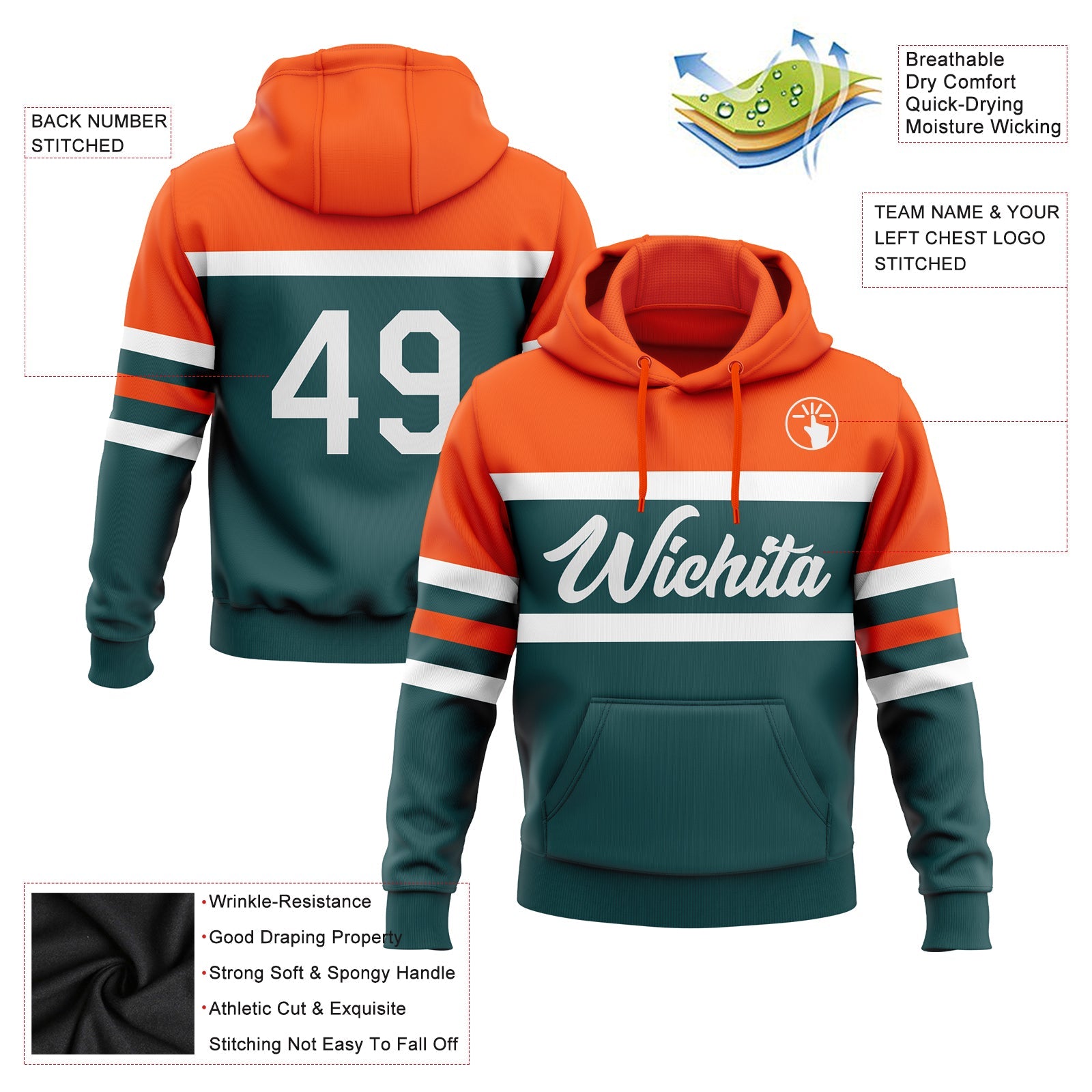 Custom Stitched Midnight Green White-Orange Line Sports Pullover Sweatshirt Hoodie view 2