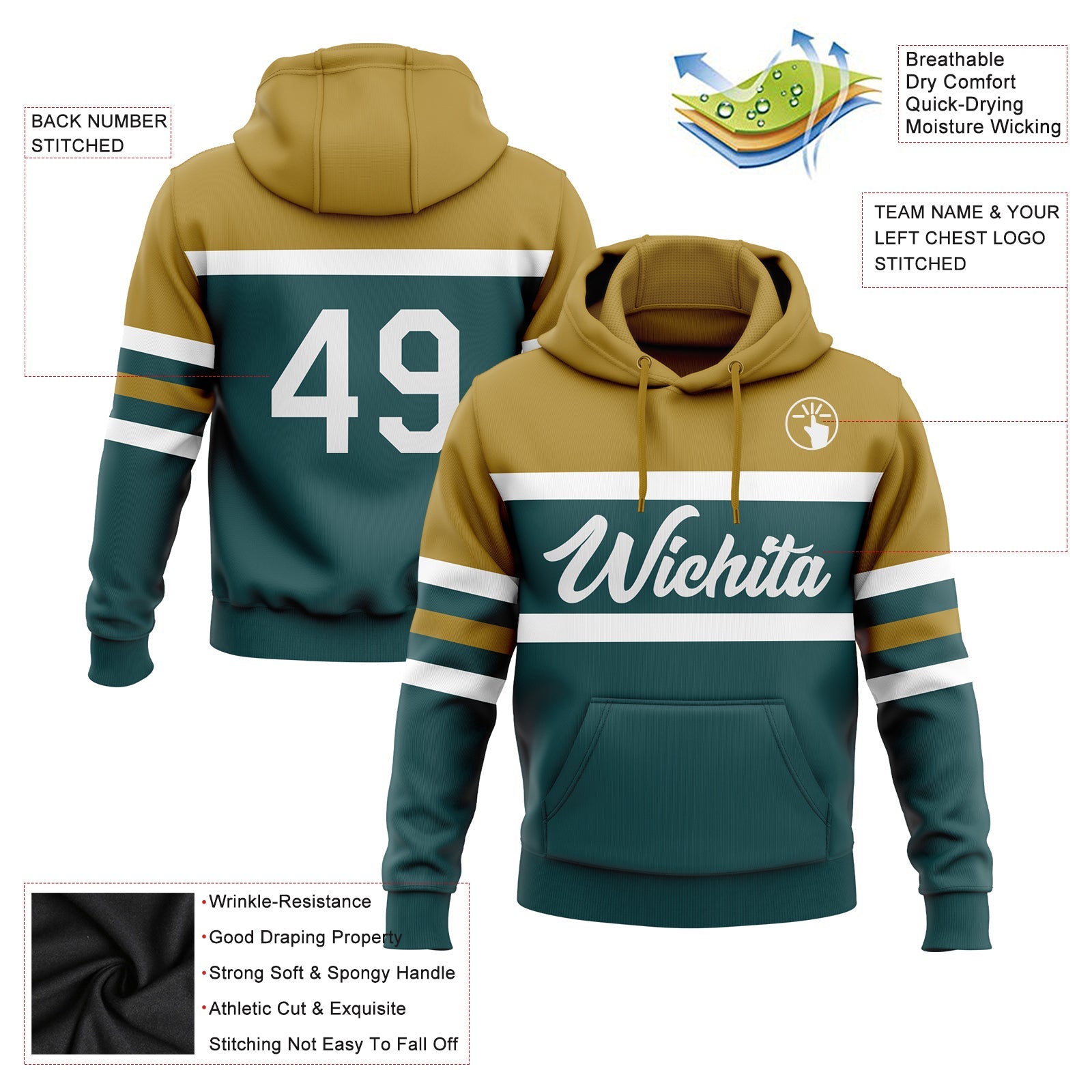 Custom Stitched Midnight Green White-Old Gold Line Sports Pullover Sweatshirt Hoodie view 2