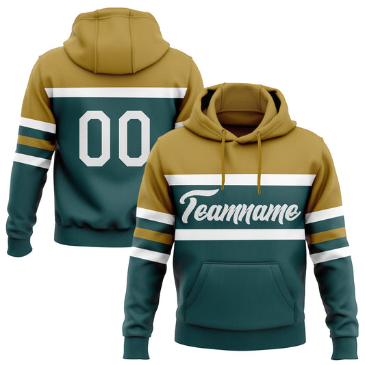 Custom Stitched Midnight Green White-Old Gold Line Sports Pullover Sweatshirt Hoodie - Main View