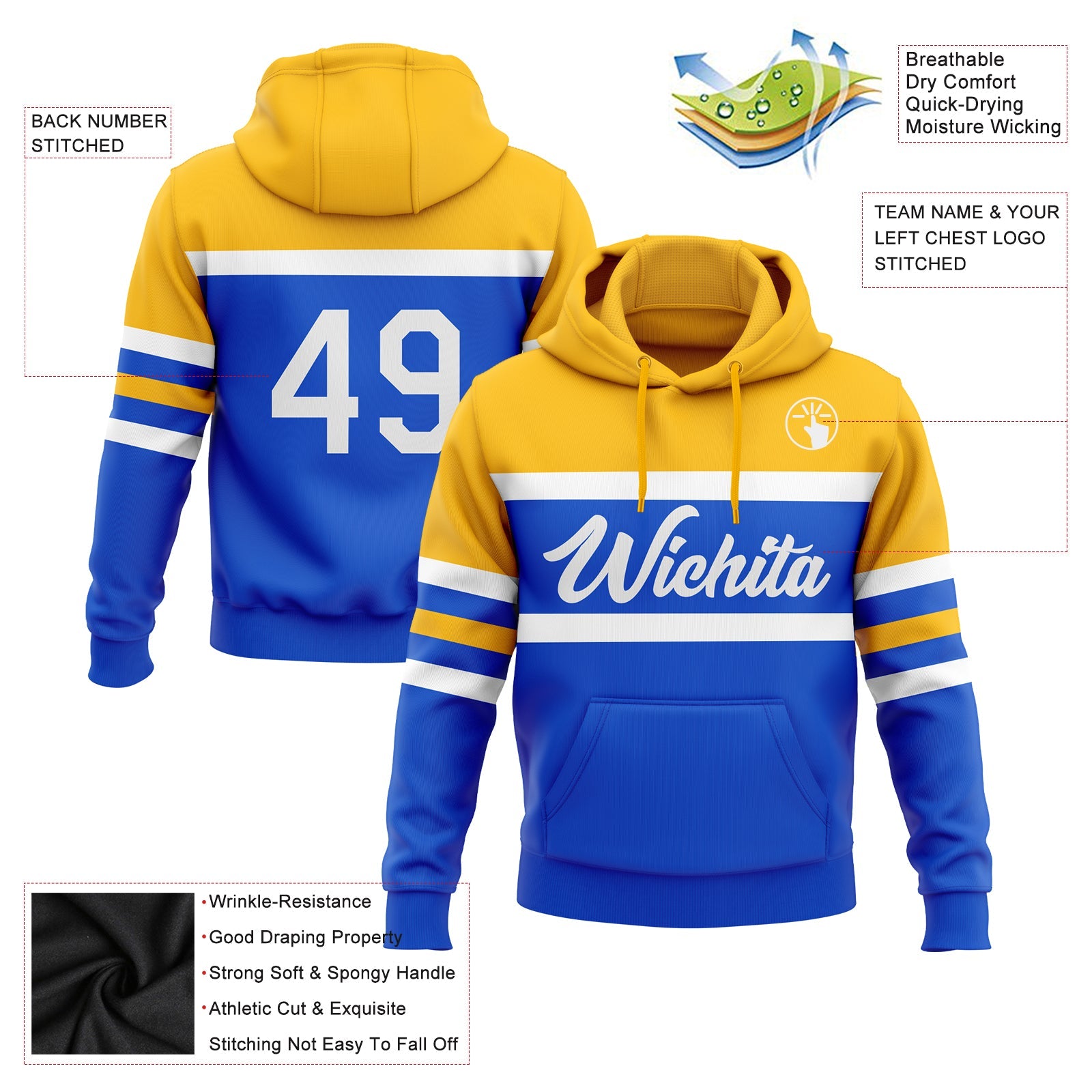 Custom Stitched Thunder Blue White-Gold Line Sports Pullover Sweatshirt Hoodie view 2