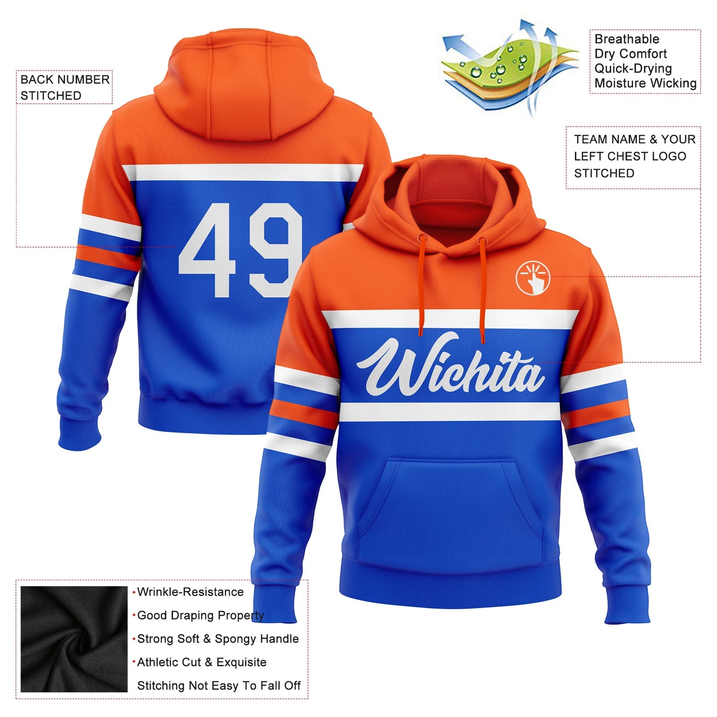 Custom Stitched Thunder Blue White-Orange Line Sports Pullover Sweatshirt Hoodie view 2