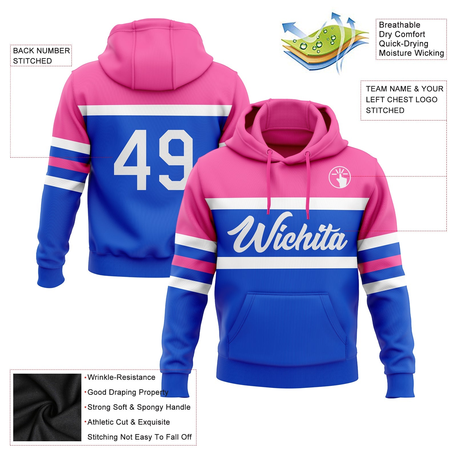 Custom Stitched Thunder Blue White-Pink Line Sports Pullover Sweatshirt Hoodie view 2
