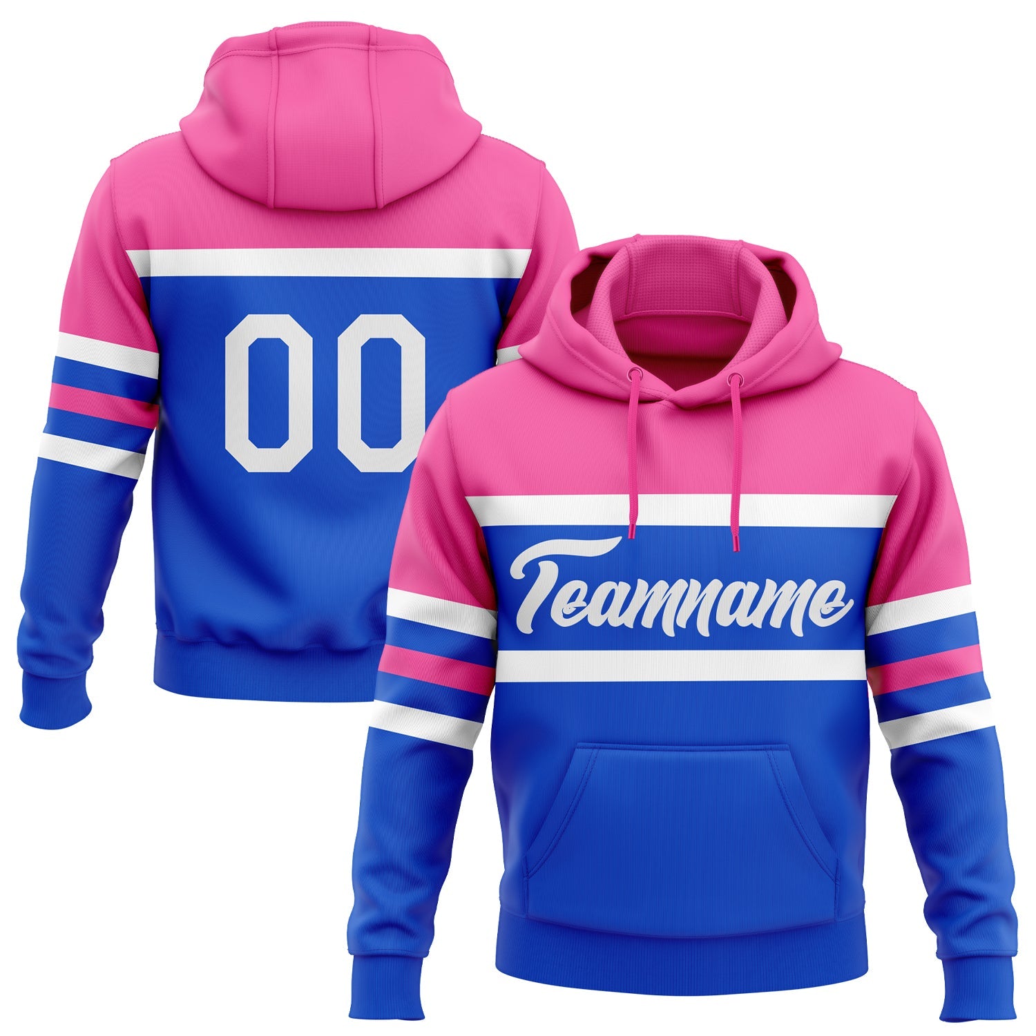 Custom Stitched Thunder Blue White-Pink Line Sports Pullover Sweatshirt Hoodie - Main View