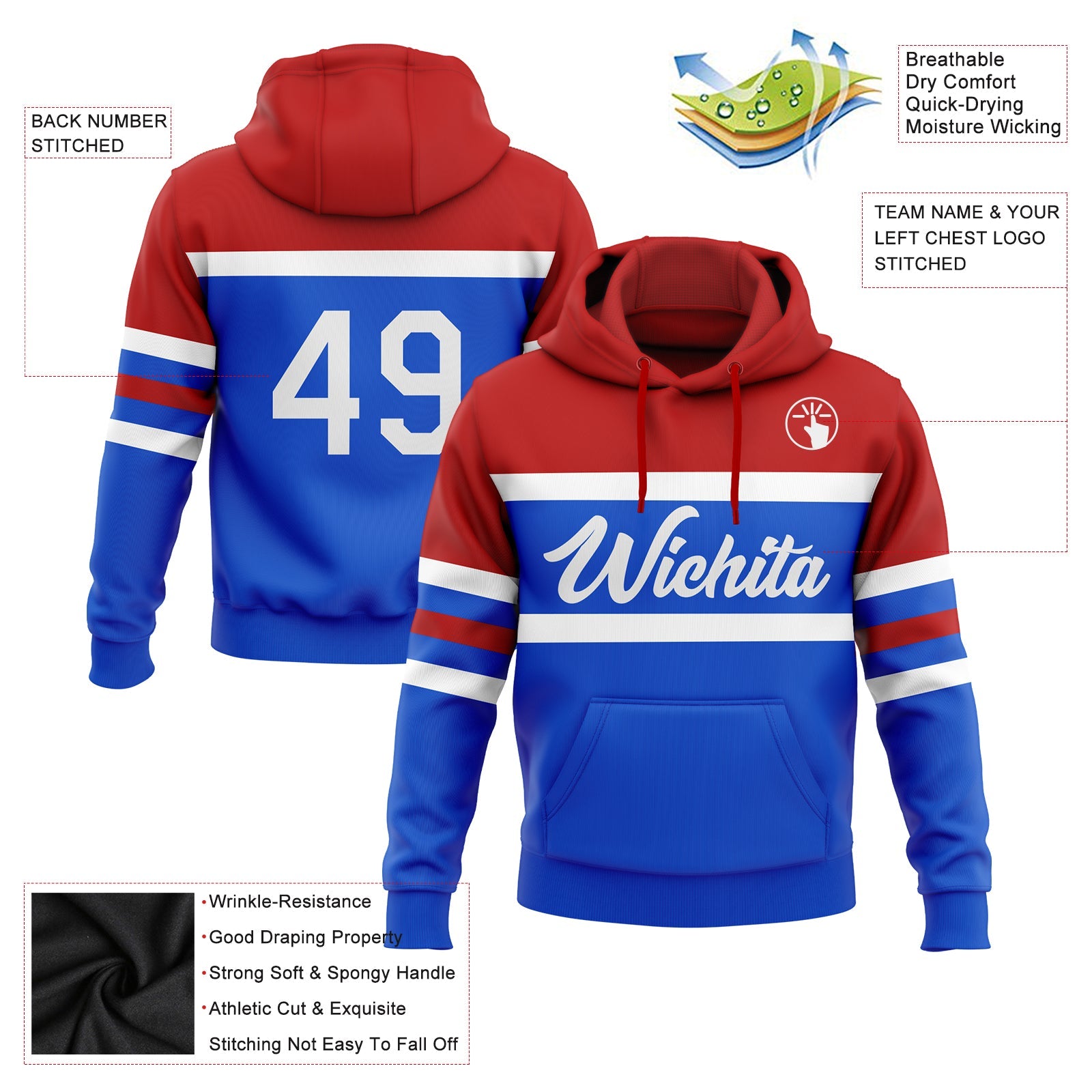 Custom Stitched Thunder Blue White-Red Line Sports Pullover Sweatshirt Hoodie view 2