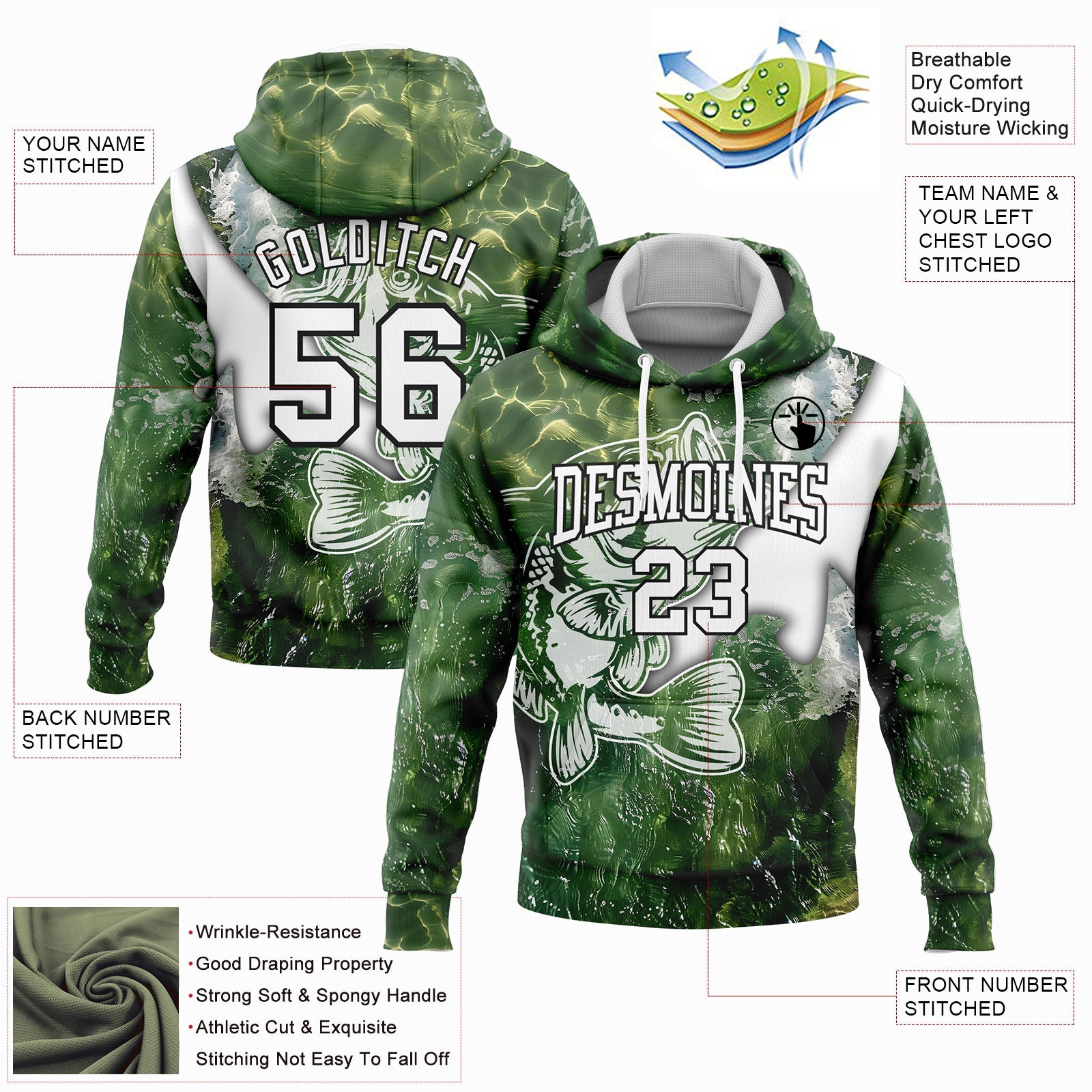 Custom Stitched Green White-Black 3D Largemouth Bass Fish Fishing Sports Pullover Sweatshirt Hoodie view 2