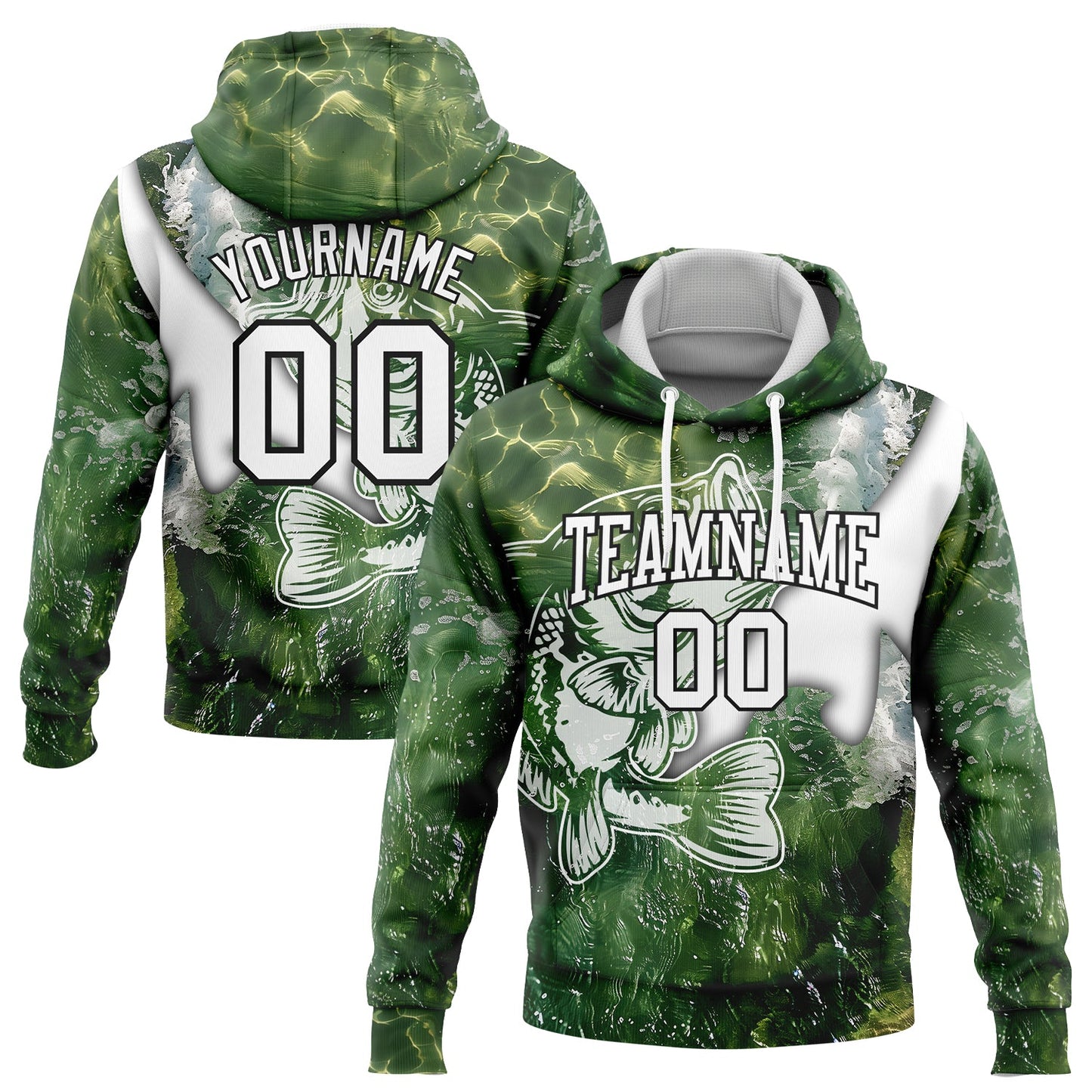 Custom Stitched Green White-Black 3D Largemouth Bass Fish Fishing Sports Pullover Sweatshirt Hoodie - Main View