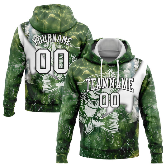 Custom Stitched Green White-Black 3D Largemouth Bass Fish Fishing Sports Pullover Sweatshirt Hoodie - Main View