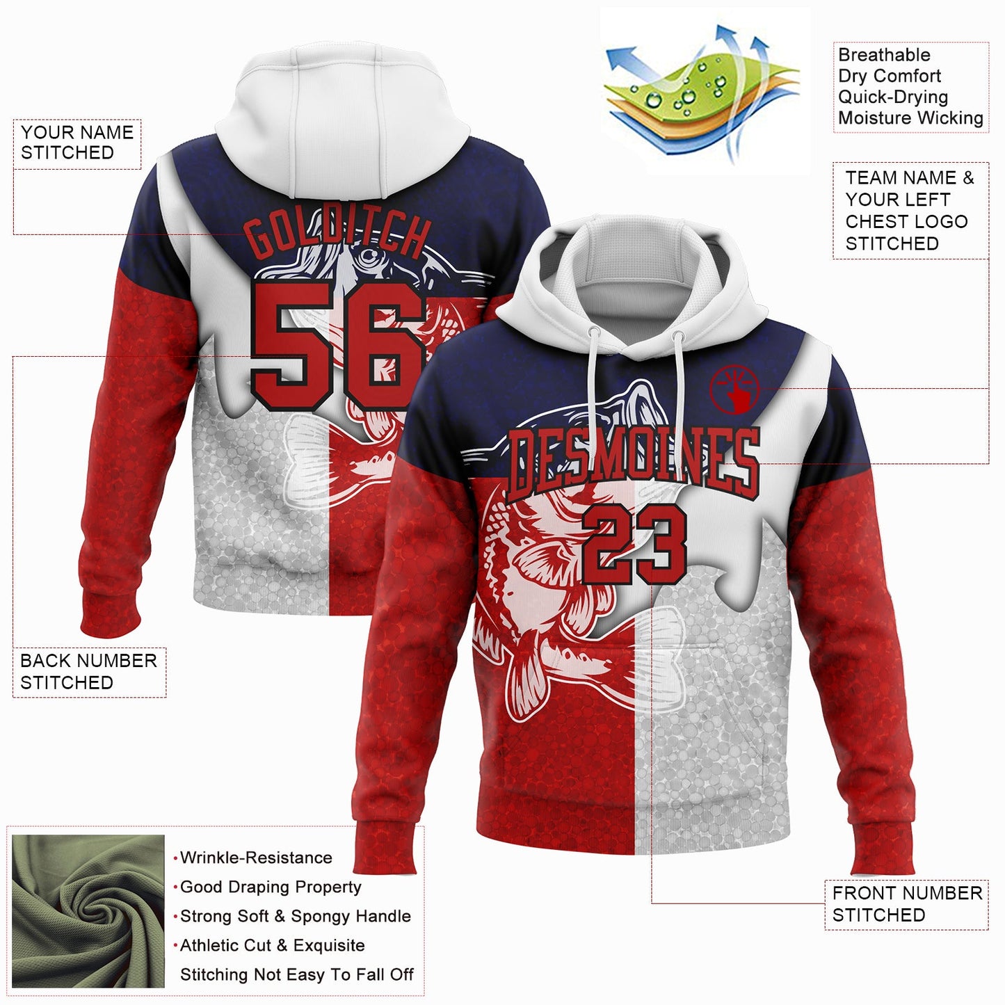 Custom Stitched Royal Red-Black 3D Largemouth Bass Fish Fishing Sports Pullover Sweatshirt Hoodie view 2