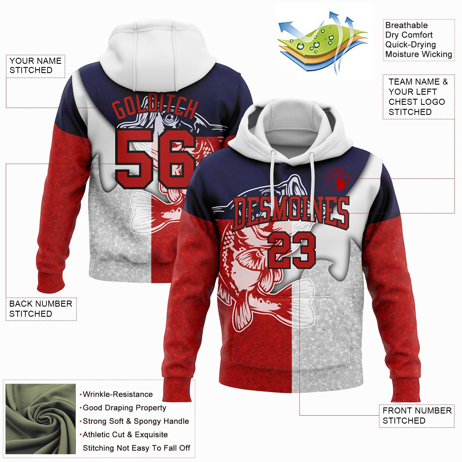 Custom Stitched Royal Red-Black 3D Largemouth Bass Fish Fishing Sports Pullover Sweatshirt Hoodie view 2