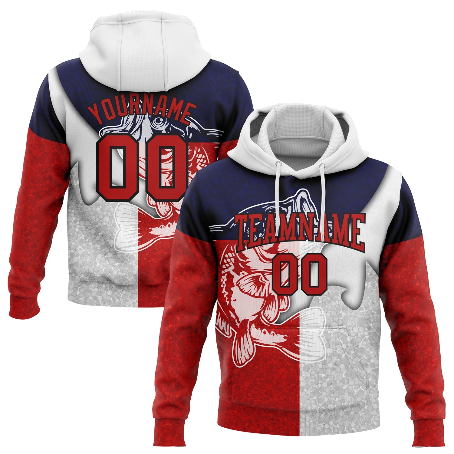Custom Stitched Royal Red-Black 3D Largemouth Bass Fish Fishing Sports Pullover Sweatshirt Hoodie - Main View