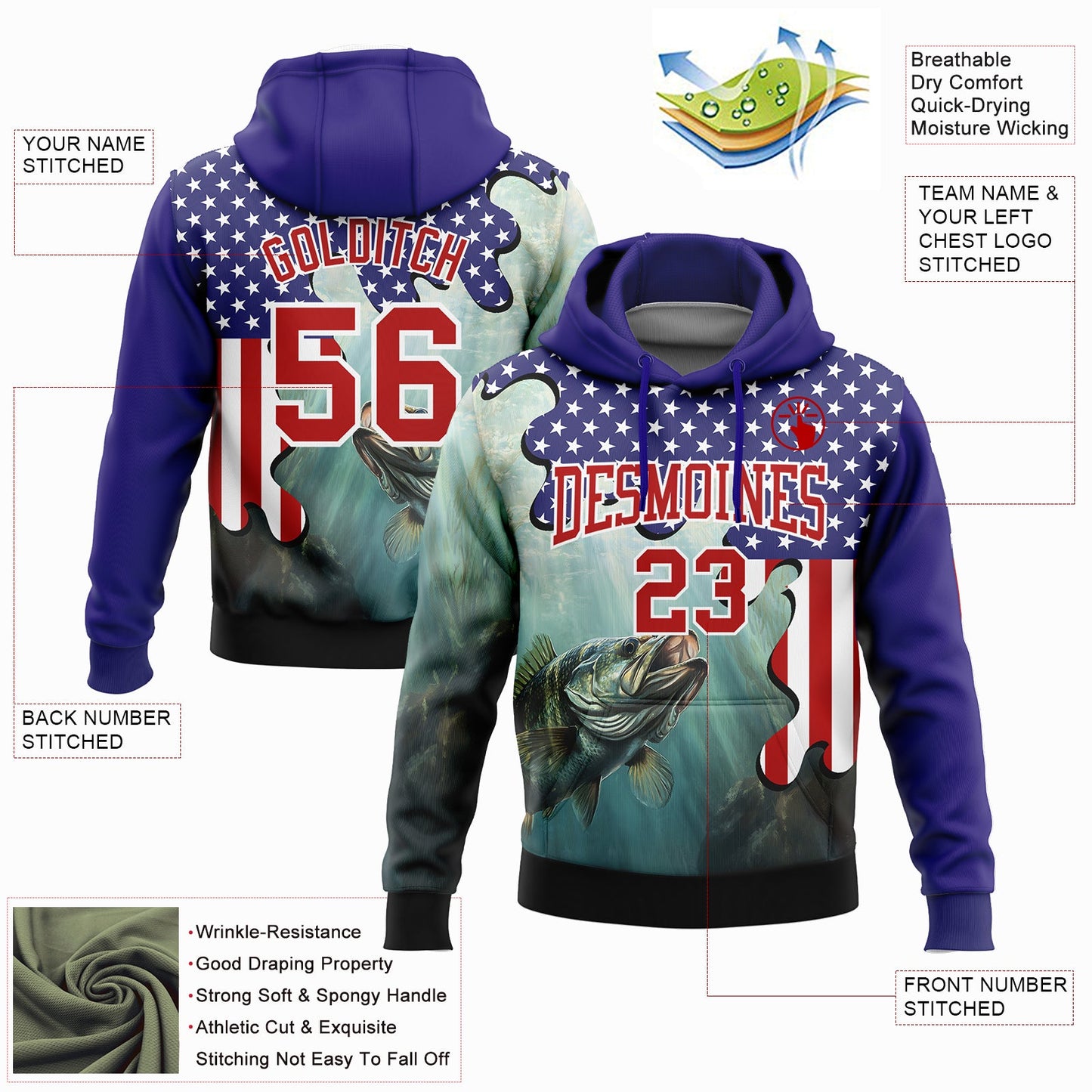 Custom Stitched Dark Purple Red-White 3D American Flag And Largemouth Bass Fish Fishing Sports Pullover Sweatshirt Hoodie view 2