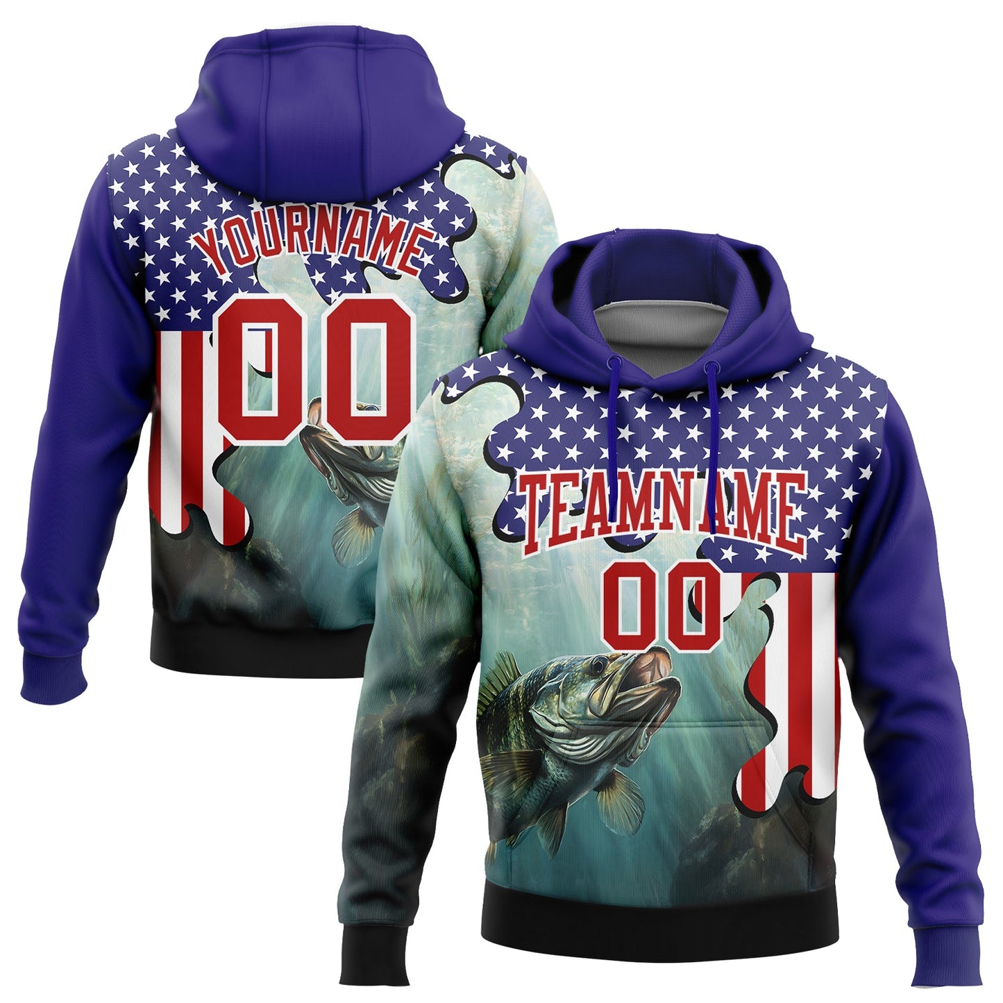Custom Stitched Dark Purple Red-White 3D American Flag And Largemouth Bass Fish Fishing Sports Pullover Sweatshirt Hoodie - Main View
