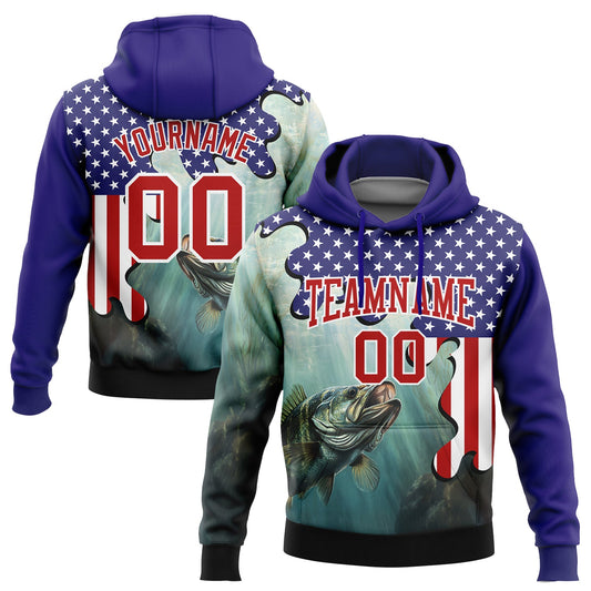 Custom Stitched Dark Purple Red-White 3D American Flag And Largemouth Bass Fish Fishing Sports Pullover Sweatshirt Hoodie - Main View