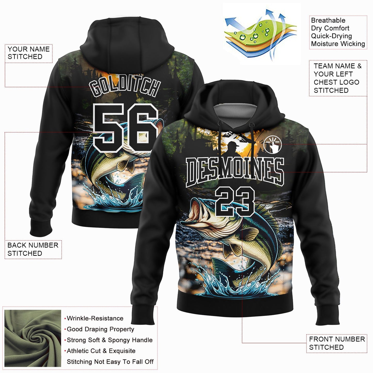 Custom Stitched Black White 3D Largemouth Bass Fish Fishing Sports Pullover Sweatshirt Hoodie view 2