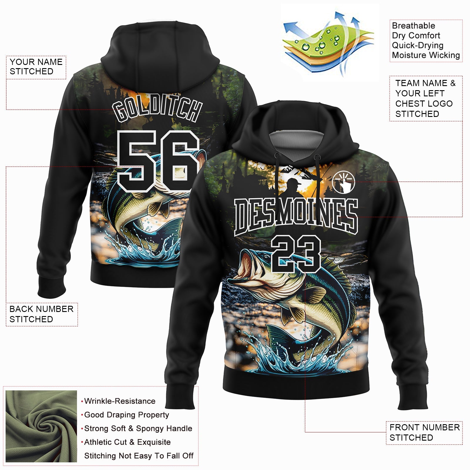 Custom Stitched Black White 3D Largemouth Bass Fish Fishing Sports Pullover Sweatshirt Hoodie view 2