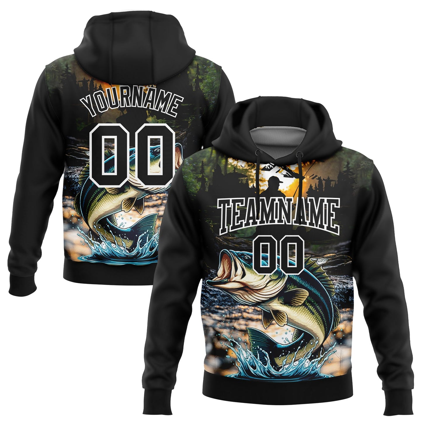 Custom Stitched Black White 3D Largemouth Bass Fish Fishing Sports Pullover Sweatshirt Hoodie - Main View