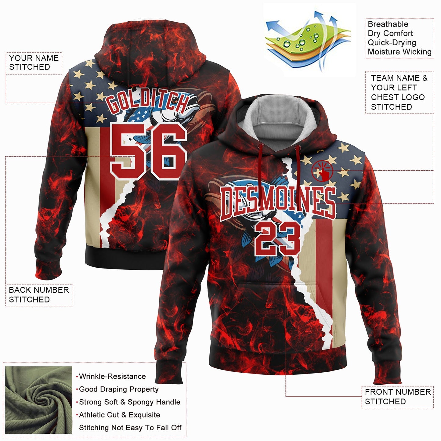 Custom Stitched Red White 3D American Flag And Largemouth Bass Fish Fishing Sports Pullover Sweatshirt Hoodie view 2