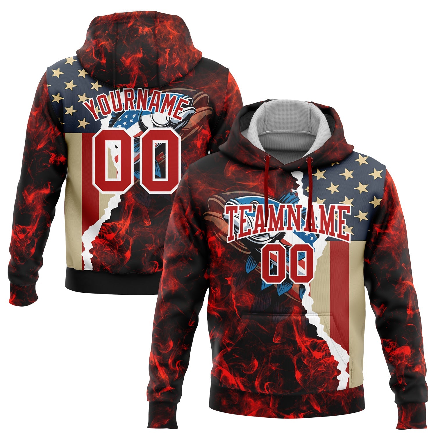 Custom Stitched Red White 3D American Flag And Largemouth Bass Fish Fishing Sports Pullover Sweatshirt Hoodie - Main View