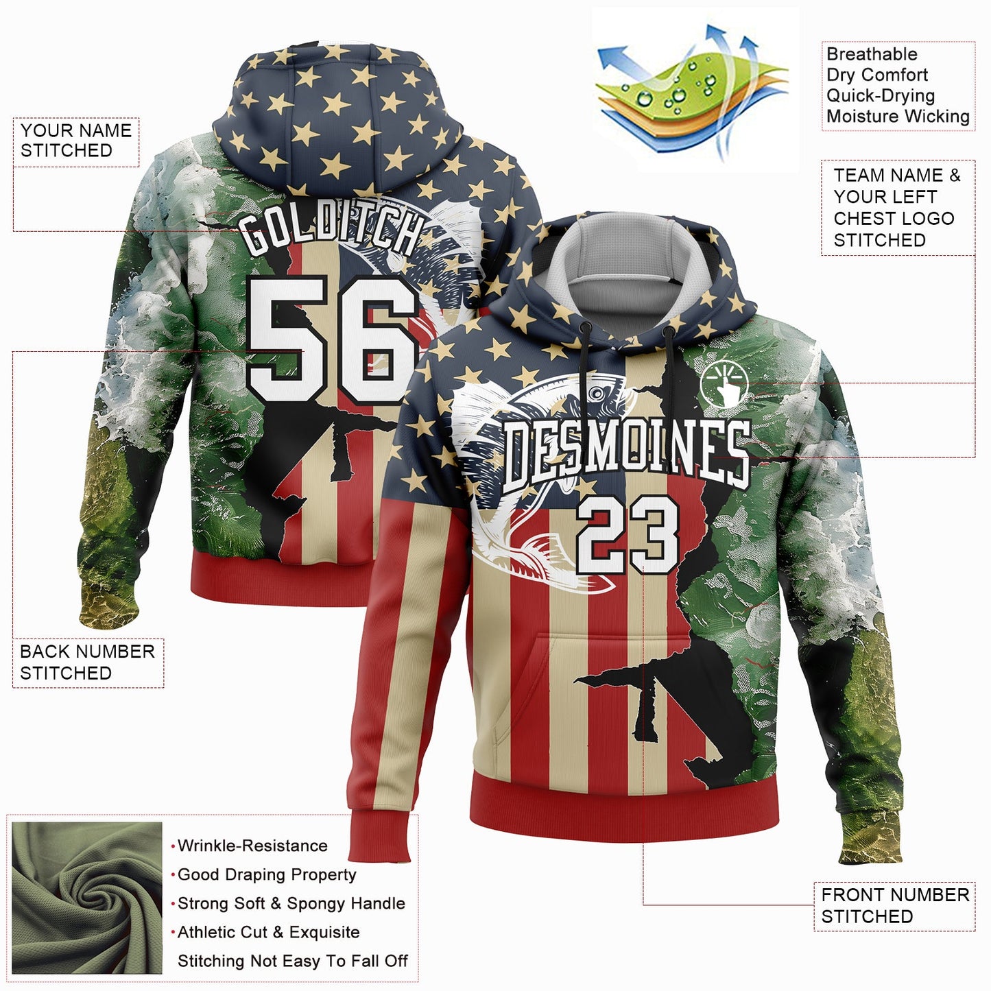 Custom Stitched Navy City Cream Red-Black 3D American Flag And Rainbow Trout Fish Fishing Sports Pullover Sweatshirt Hoodie view 2