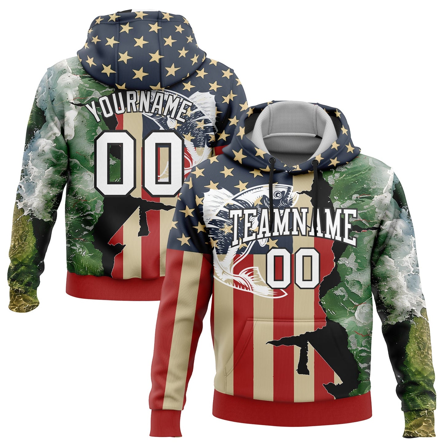 Custom Stitched Navy City Cream Red-Black 3D American Flag And Rainbow Trout Fish Fishing Sports Pullover Sweatshirt Hoodie - Main View