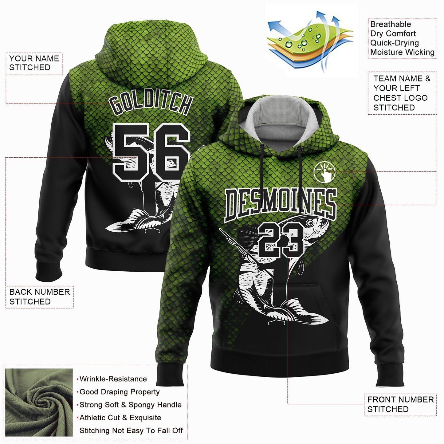Custom Stitched Neon Green Black-White 3D Rainbow Trout Fish Fishing Sports Pullover Sweatshirt Hoodie view 2