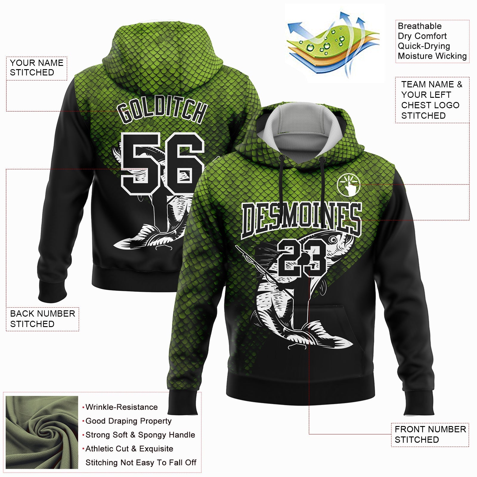 Custom Stitched Neon Green Black-White 3D Rainbow Trout Fish Fishing Sports Pullover Sweatshirt Hoodie view 2