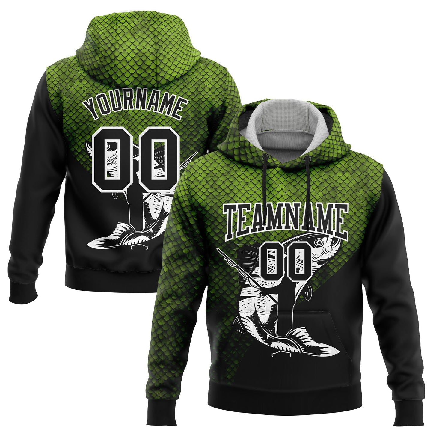 Custom Stitched Neon Green Black-White 3D Rainbow Trout Fish Fishing Sports Pullover Sweatshirt Hoodie - Main View