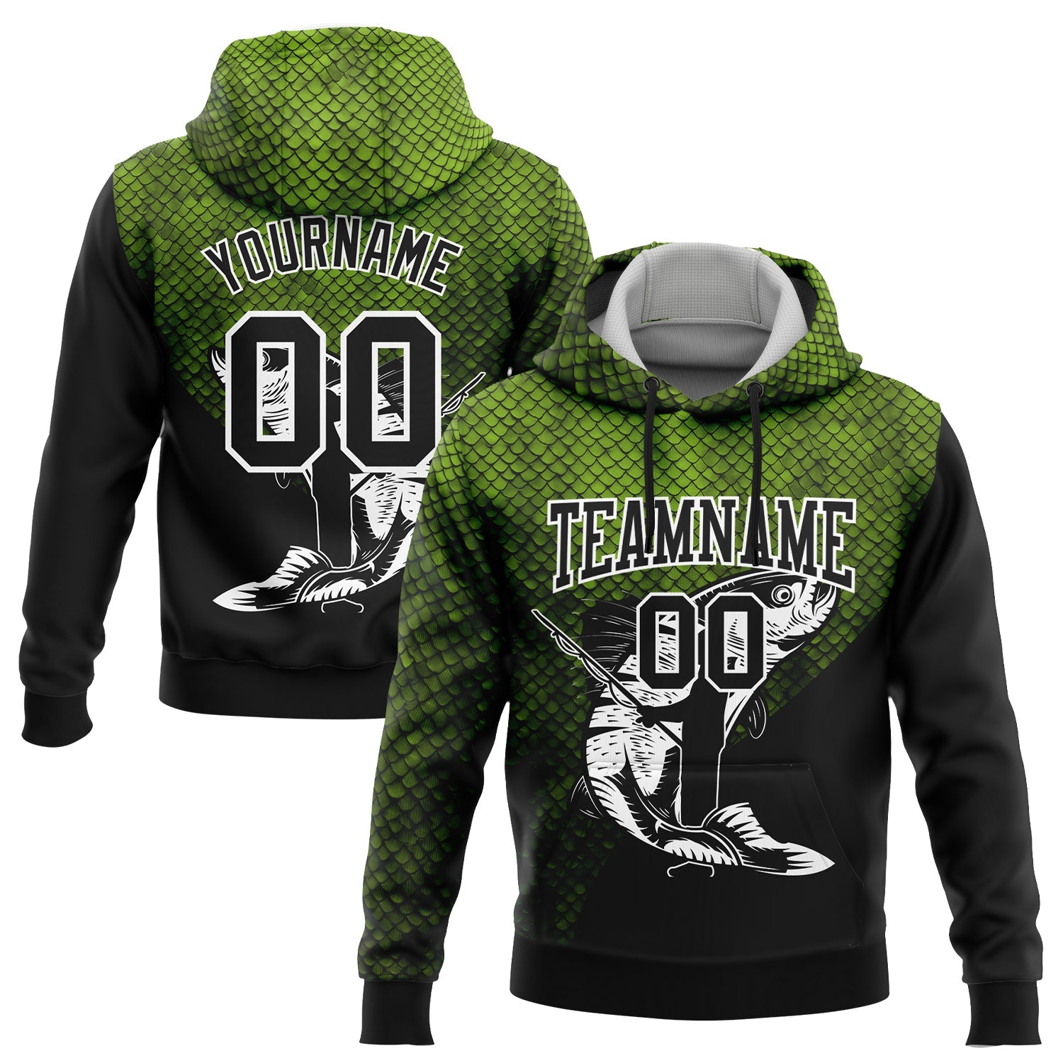 Custom Stitched Neon Green Black-White 3D Rainbow Trout Fish Fishing Sports Pullover Sweatshirt Hoodie - Main View