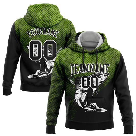 Custom Stitched Neon Green Black-White 3D Rainbow Trout Fish Fishing Sports Pullover Sweatshirt Hoodie - Main View